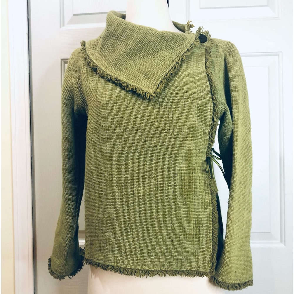 Original Design Linen Wide Collar Frayed Single Sided Green Jacket Size Small
